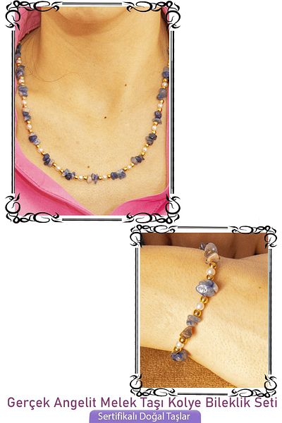 Tesbih Atölyesi Certified Pearl Angelite - Natural Stone Necklace Bracelet Set with Angel Stones