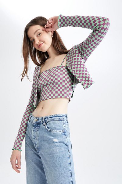 DeFacto Slim Fit Checkerboard Patterned V-Neck Crop Cardigan X4848az22sm