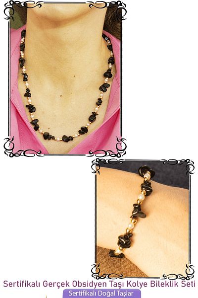 Tesbih Atölyesi Certified Black Obsidian Stone Natural Stone Necklace Bracelet Set with Pearls