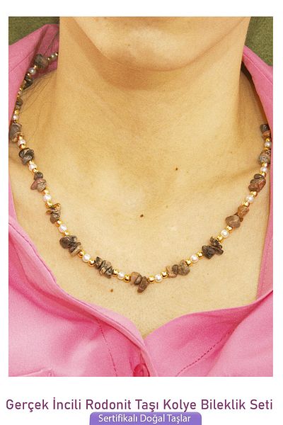 Tesbih Atölyesi Certified Pearl and Rhodonite Stone Natural Stone Necklace Bracelet Set