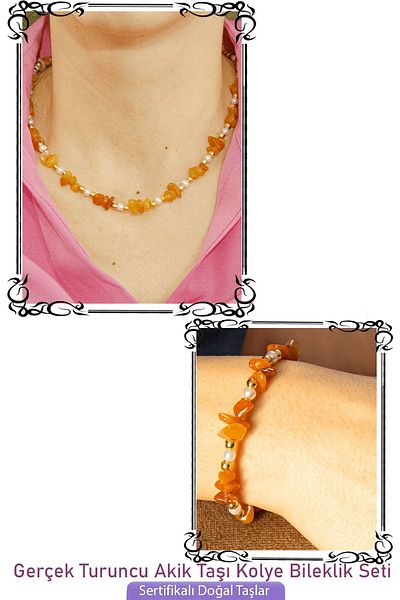 Tesbih Atölyesi Certified Natural Stone Necklace and Bracelet Set with Orange Pearls and Agate Stones