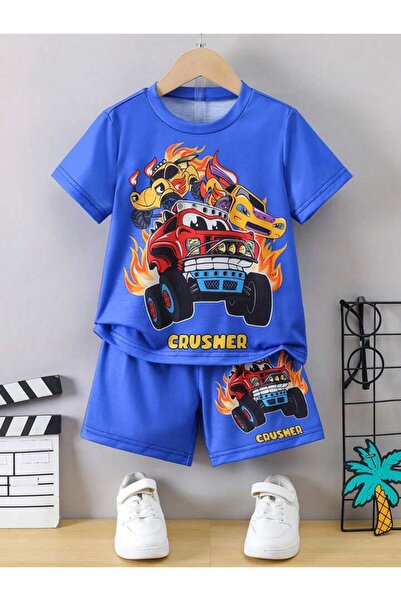 MORNİNG KİDS Set de tricou-short cu imprimeu Saks Blue Crusher Cars pentru bă...