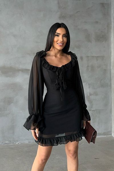 lovebox Damen Chiffon Stoff Kragen Schnürung Rock Rüschen Design Tüll Langarm Schwarz Mini Abendkleid 084