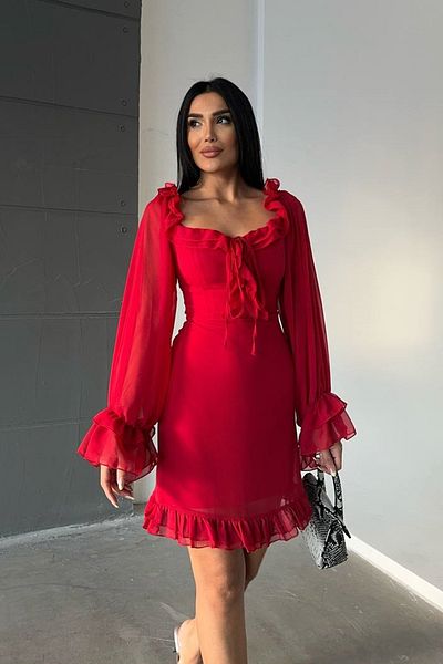 lovebox Damen Chiffon Stoff Kragen Schnürung Rock Rüschen Design Tüll Langarm Rot Mini Abendkleid 084