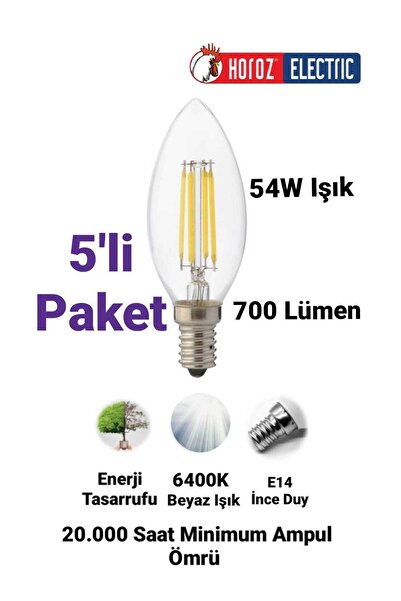 repplam 5'li Paket 6 Watt E14 Duylu Rustik Led Ampul Beyaz Işık Avize Ampulu Ince Duylu Mum Ampul 700 Lümen