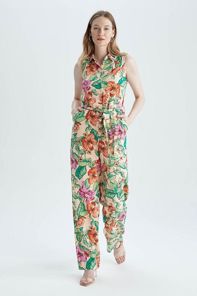 DeFacto Long Shirt Collar Floral Patterned Sleeveless Jumpsuit - Y8589az22hs