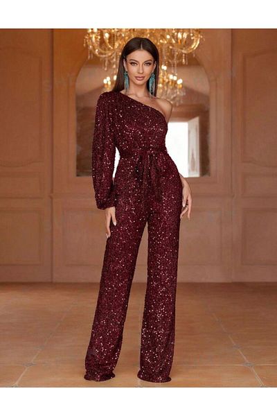 Styling Park One Sleeve One Shoulder Sequin Evening Dress Jumpsuit