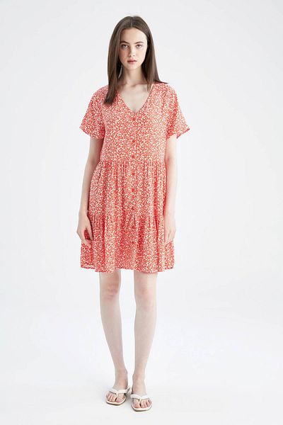 DeFacto V-Neck Floral Print Midi Dress - Short Sleeve T4046az22sm