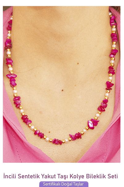 Tesbih Atölyesi Certified Pearl Synthetic Ruby Stone Natural Stone Necklace Bracelet Set