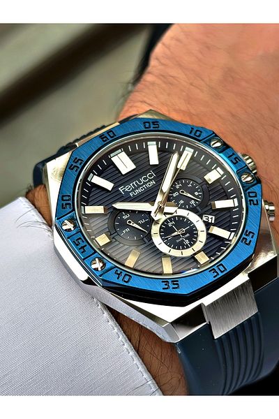 Ferrucci Navy Blue Color Silicone Cord Function Men's Wristwatch with Bracelet Gift