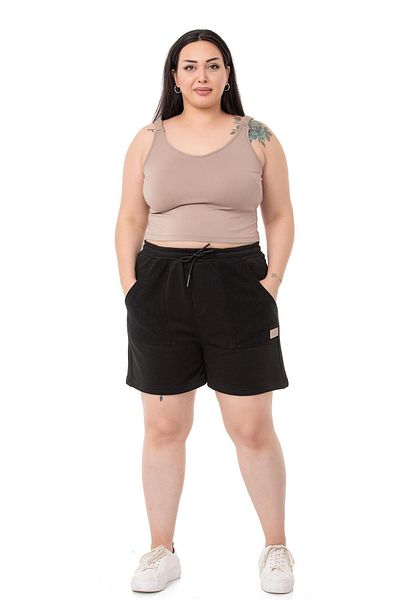 DISENTIS MODEST Large Size Garnished Three Thread Pocket Black Shorts with Elastic Waist and Tie Detail