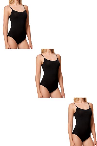 DEGNO Black Thread Strap 3-Piece Cotton Lycra Bodysuit - Economical and Snap-On