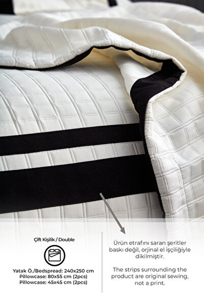 Evlen Home Collection Roma Jakarlı Çizgili Battal Yatak Örtüsü Çift Kişilik 5 Parça Krem Siyah Kırık Beyaz