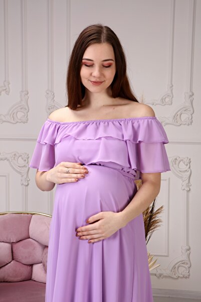 Azra Style Maternity Ruffle Neckline Belted Lilac Chiffon Dress 8000