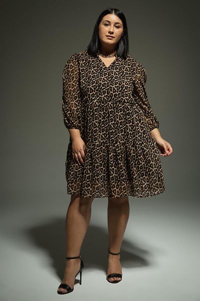 DeFacto Df Plus A-Linien-Midikleid mit V-Ausschnitt und Leopardenmuster aus Chiffon mit langen Ärmeln Z3411az22au