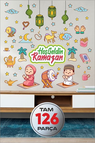 PANDA SOKAĞI Ramadan Bear Themed Ornament 126 Pieces, Ramadan Figures Sticker Set Ramadan Ornaments