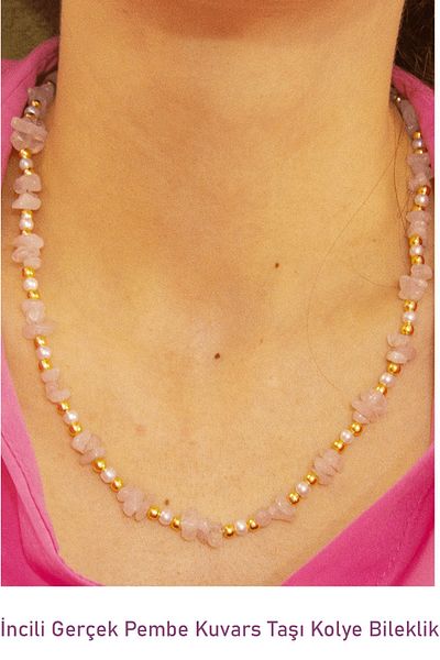 Tesbih Atölyesi Certified Pearl and Pink Quartz Stone Natural Stone Necklace Bracelet Set