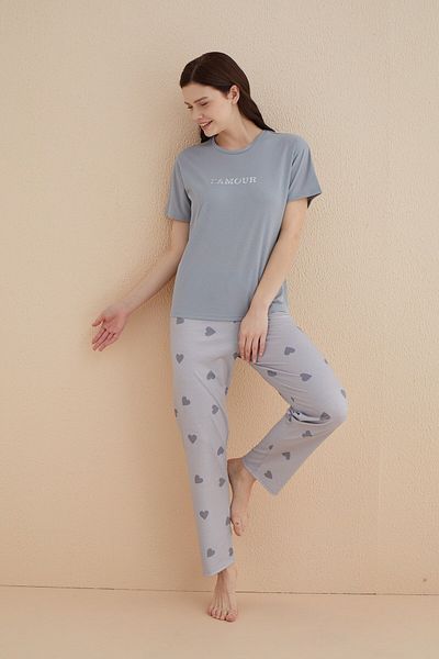bie's Women's Gray Heart Bicycle Round Neck Short Sleeve Camisole Pajama Set