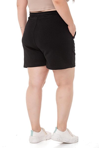 DISENTIS MODEST Large Size Garnished Three Thread Pocket Black Shorts with Elastic Waist and Tie Detail