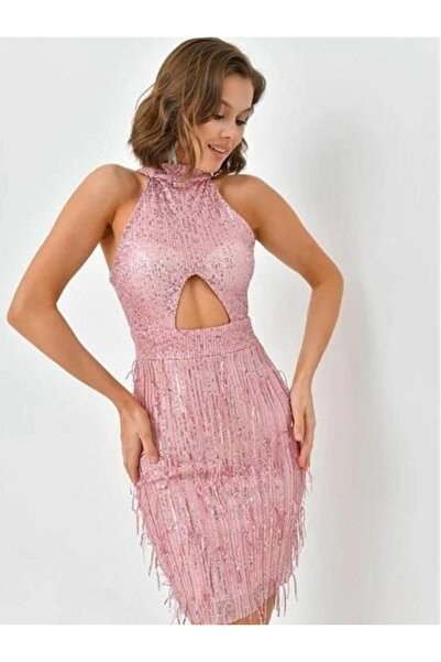 SHE WELLA SADE-ŞIK HARİKA UÇUK PEMBE PULLU ELBİSE BEL PENCERELİ