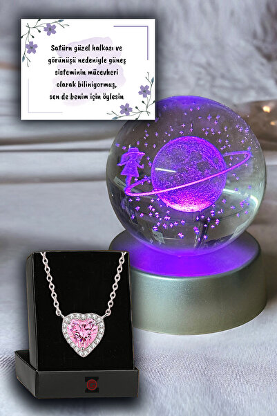 Zemtigo Renk Değiştiren Led Işıklı Cam Satürn Kız Küre Dolunay Lamba Kristal Pembe Zirkon Taşlı Kalp Kolye