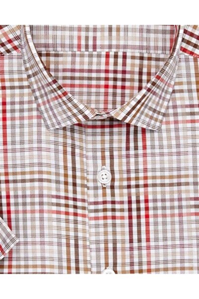 SÜVARİ Мъжка риза с къс ръкав и червен шарен крой Süvari Slim Cut