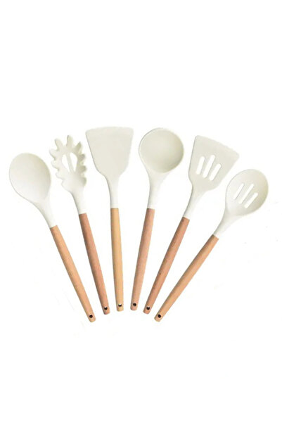 morponi Bamboo Handle Silicone 5 Piece Serving Set Cream Color (Ladle-Spoon-D...
