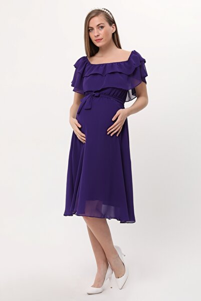 Azra Style فستان شيفون أرجواني بحزام وياقة مكشكشة للحوامل 8000