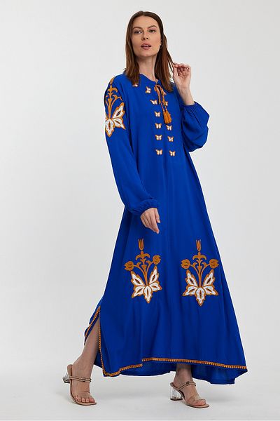 Denismoda Rochie lungă din viscoză, cu mânecă cu balon, cu broderie cu guler predominant