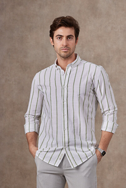 RAVANELLI Striped Modern Slim Fit Linen Long Sleeve Men's Shirt