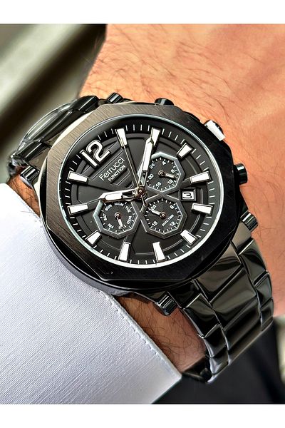 Ferrucci Black Color Function Steel Cord Men's Wrist Watch + Bracelet Gift