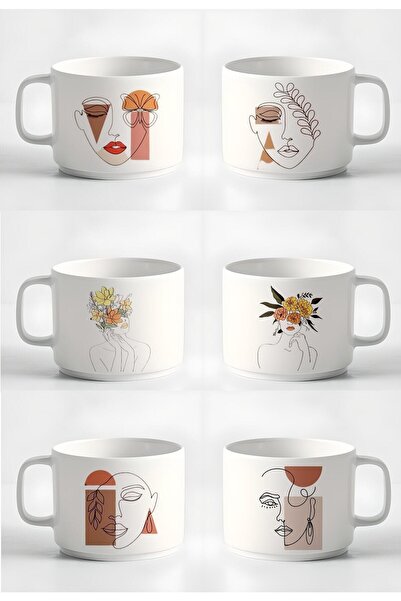 HobiShop Çay Kahve Espresso Fincanı Minimal15 Çizgisel Kadın Baskılı Kupa 6'l...