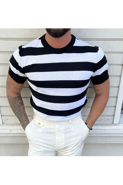 Buteks Men's Black and White Striped Classic Casual Regular Fit Crew Neck 100...