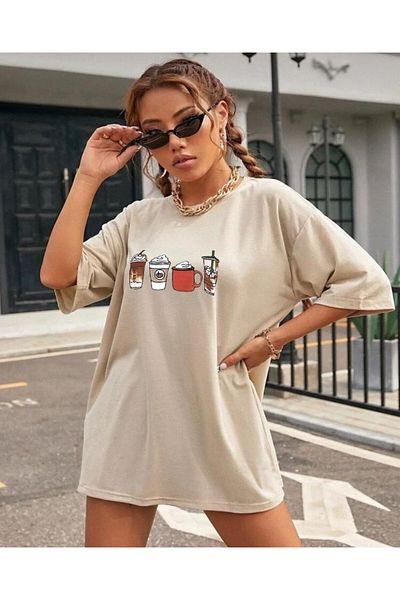 khufu ΚΑΦΕ Μπλουζάκι Unisex με στάμπα μπεζ Oversize Loose Cut