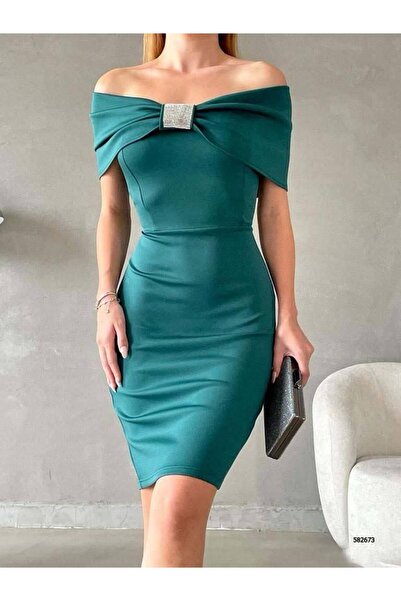 Esinty Rochie de seară pentru femei cu guler Madonna cu detalii de piatră Scu...