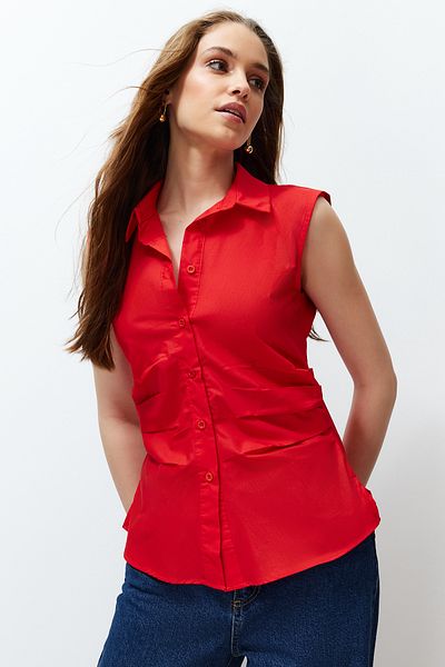 Trendyol Collection Red Pleated Fitted/Waist-Sitting Woven Shirt TWOSS24GO00085