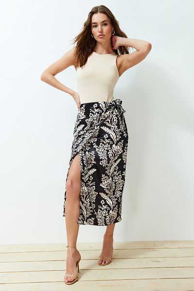 Trendyol Collection Multicolored Front Tie Detailed Double Breasted Closure Satin Midi Woven Skirt TWOSS24ET00128