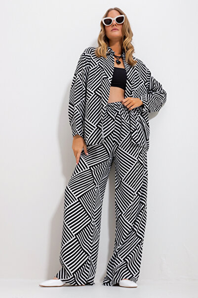 Trend Alaçatı Stili Dámska čierna vzorovaná košeľa a nohavice tkaný spodný diel Alc-X11748