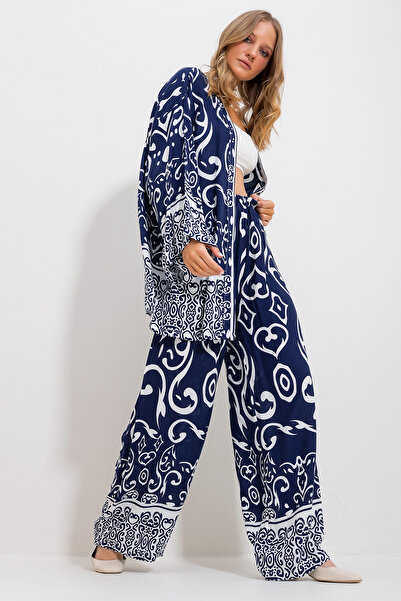 Trend Alaçatı Stili Női sötétkék kimonó dzseki és Palazzo nadrág szett Alc-X11751