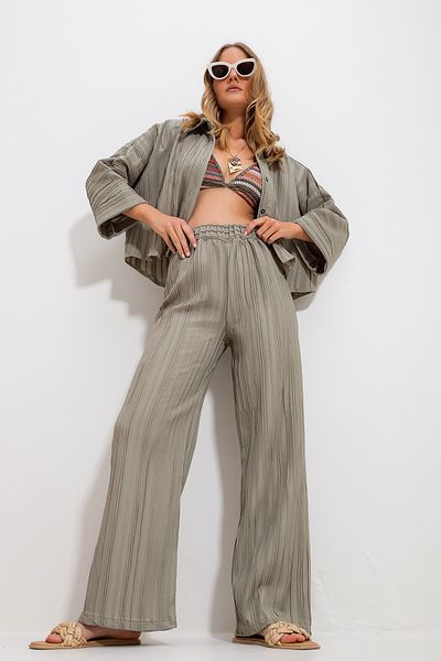 Trend Alaçatı Stili Dámské khaki kalhoty Palazzo s vlastní strukturou a elastickým pasem Alc-X11718