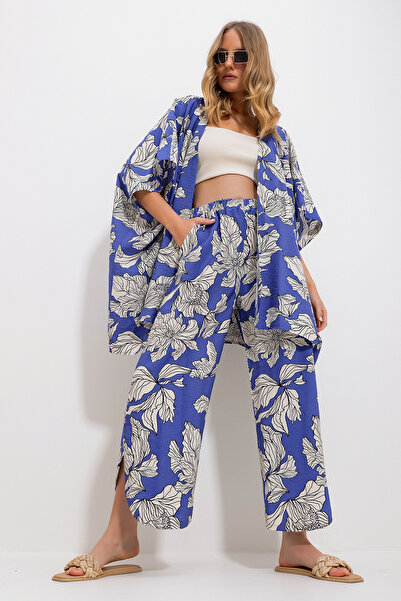 Trend Alaçatı Stili Blaue Palazzo-Hose für Damen und gemusterter gewebter Viskose-Kimono-Set Alc-X11707