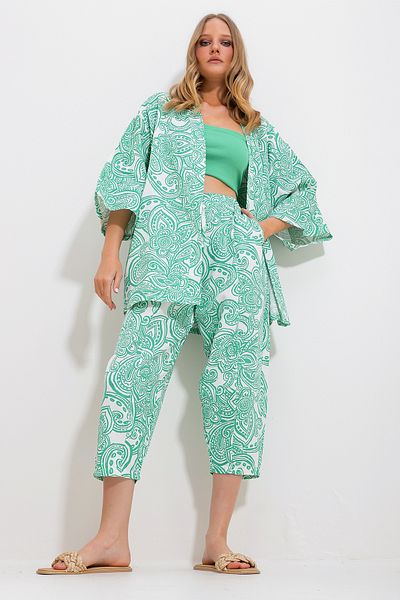 Trend Alaçatı Stili Women's Green Patterned Kimono Jacket and Pants Linen Woven Bottom Top Set Alc-X11752