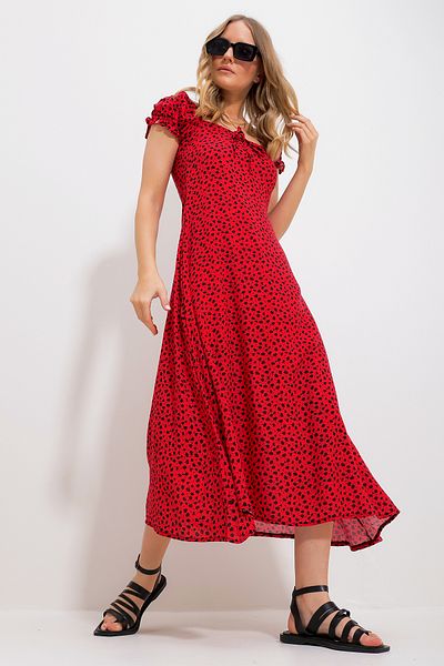 Trend Alaçatı Stili Women's Red Square Collar Floral Patterned Woven Dress Alc-X11735