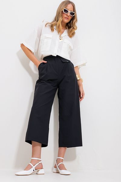 Trend Alaçatı Stili Schwarze Palazzo-Gewebte Hose mit zwei Taschen für Damen Alc-X11717