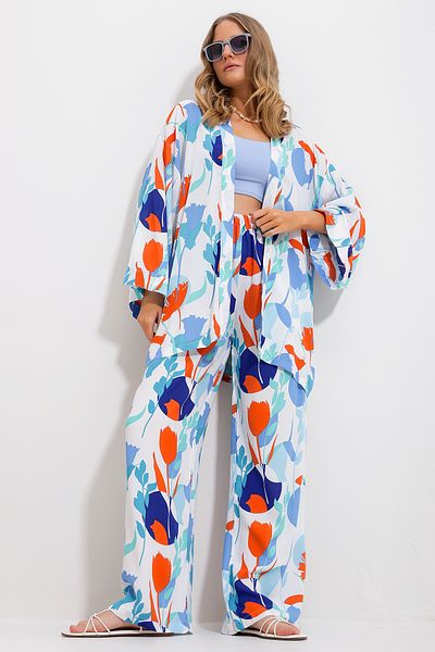 Trend Alaçatı Stili Women's Blue Kimono Jacket and Palazzo Trousers Set Alc-X11750