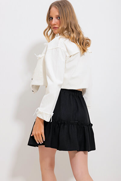 Trend Alaçatı Stili Női fekete szoknya Flounce szőtt vászonszoknya Alc-X11714