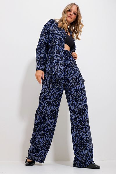 Trend Alaçatı Stili Women's Midnight Blue Patterned Shirt and Trousers Bottom Top Woven Set Alc-X11749