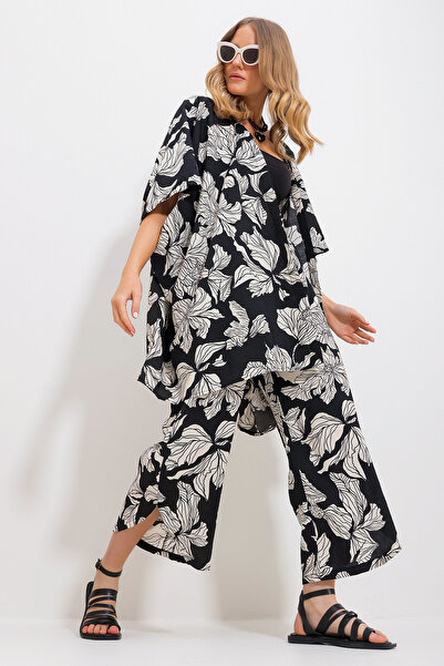 Trend Alaçatı Stili Schwarze Palazzo-Hose für Damen und gemusterter gewebter Viskose-Kimono-Set Alc-X11707