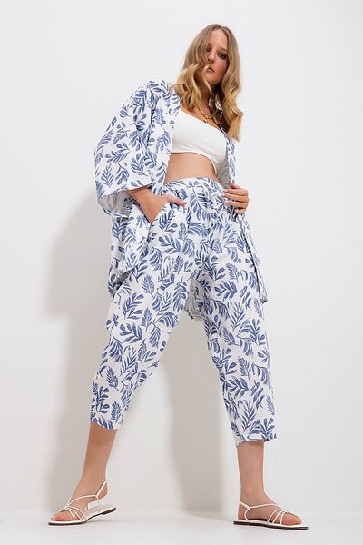 Trend Alaçatı Stili Women's Blue Patterned Kimono Jacket and Pants Linen Woven Bottom Top Set Alc-X11753