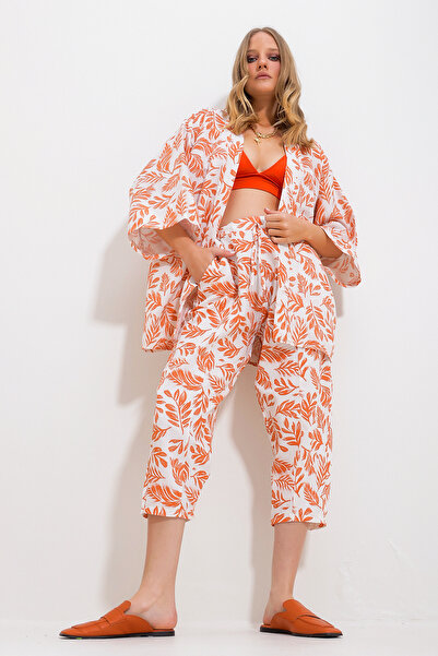 Trend Alaçatı Stili Női narancssárga mintás kimonó dzseki és nadrág vászon alsó felső szett Alc-X11753